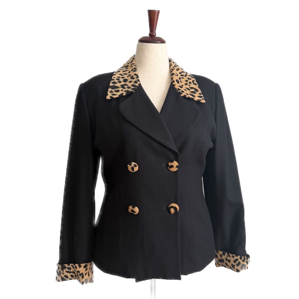 Vintage Bloomingdales Leopard Trim Black Women's Jacket